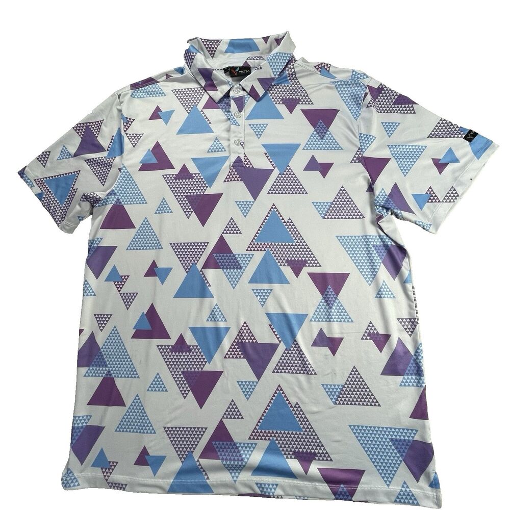 Yatta Golf Shirt Men's XL Polo Loud Abstract Geometric Argyle White Blue Purple